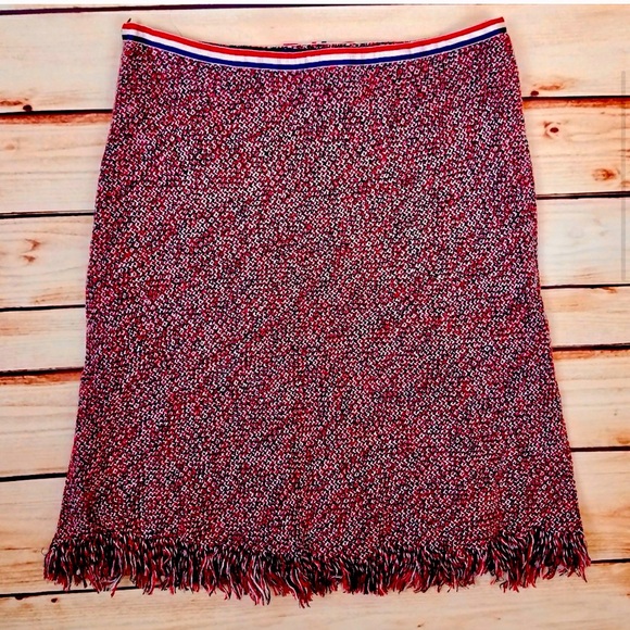 Trina Turk Skirt Knit Tweed Red White Blue Ribbon detail waistband fringe hem 6 - Picture 4 of 6